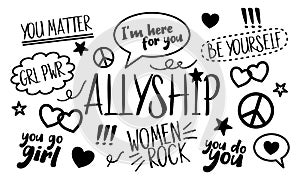 Set of allyship for women concept doodles on white background. Solidarity for women in inclusive community, empowerment