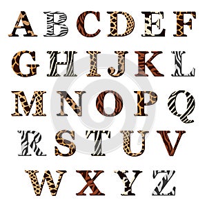 Set of alphabet letters with animal fur patterns