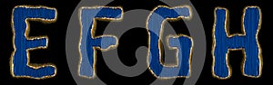 Set of alphabet letters E, F, G, H made of industrial metal blue color. Isolated black background. 3d