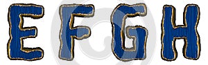 Set of alphabet letters E, F, G, H made of industrial metal blue color. Isolated white background. 3d
