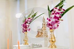 Set of altar table in wedding hall. stage for place the Buddha statue for pray and worship before begin the Buddha ceremony.