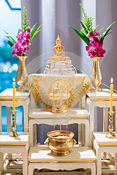 Set of altar table in wedding hall. stage for place the buddha statue for pray and worship before begin the Buddha ceremony.