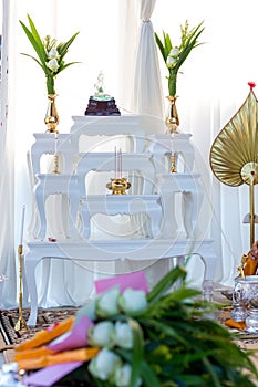 Set of altar table in wedding hall. stage for place the buddha statue for pray and worship before begin the Buddha ceremony. image