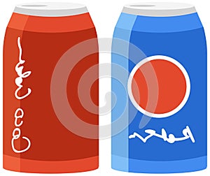 Set of aluminum cans with lemonades, fizzy drinks. Sweet soft beverages, carbonated liquid