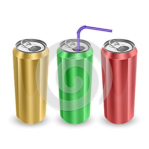 Set of Aluminum cans of yellow,green and red colors, isolated on white background. The image of the empty layout for your design,