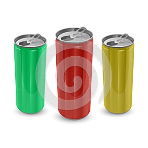 Set of Aluminum cans of yellow,green and red colors, isolated on white background. The image of the empty layout for your design,