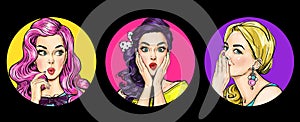 Set of amazed women in pop art style.Gossip girls with wow face. photo