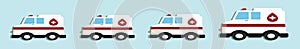 Set of ambulance car cartoon icon design template with various models. vector illustration isolated on blue background