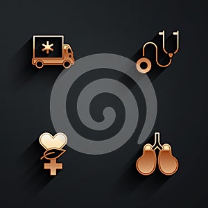 Set Ambulance car, Stethoscope, Ethnoscience and Lungs icon with long shadow. Vector