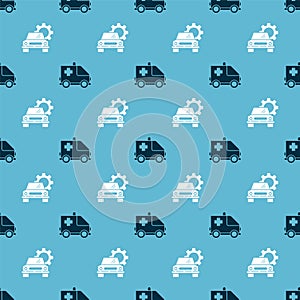 Set Ambulance and emergency car and Car service on seamless pattern. Vector.