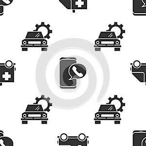 Set Ambulance and emergency car, Taxi call telephone service and Car service on seamless pattern. Vector
