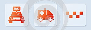 Set Ambulance and emergency car, Taxi car and Taxi car roof. White square button. Vector