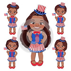 Set of American African Girls Portrait Celebrating 4th Of July Independence Day with Costume, Holding Flags Vector
