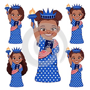 Set of American African Girls Portrait Celebrating 4th Of July Independence Day with Costume, Statue of Liberty Vector