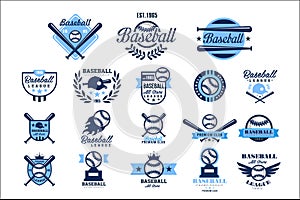 Set of American baseball logo. Original blue labels with balls, crossed bats, caps and wings. Sports club emblems