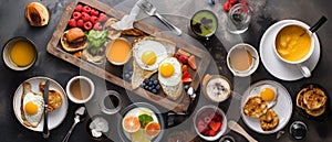 Set of American breakfast food with aesthetic arrangement, top view.