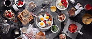 Set of American breakfast food with aesthetic arrangement, top view.