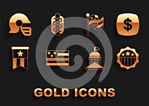 Set American flag, Dollar symbol, USA Independence day, White House, football helmet and Hotdog sandwich icon. Vector