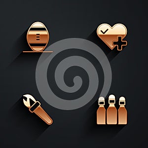 Set American Football ball, Heart rate, Torch flame and Bowling pin icon with long shadow. Vector