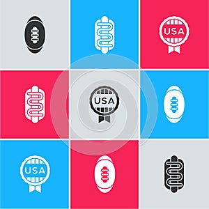 Set American Football ball, Hotdog sandwich and Medal with star icon. Vector