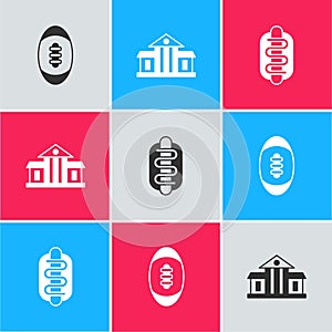 Set American Football ball, White House and Hotdog sandwich icon. Vector