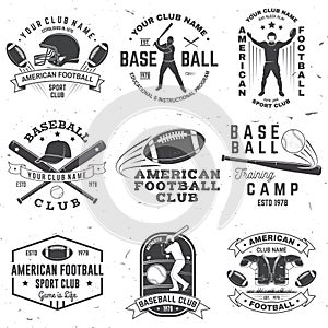 Set of american football and baseball club badge. Vector for shirt, logo, print, stamp. Design with baseball bats