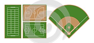 Set of american football, basketball, european football or soccer and baseball sport fields. Flat design. Vector illustration