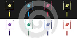 Set American football with goal post icon isolated on black and white background. Vector