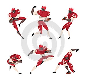 Set of american football players. Male athletes in uniform in different actions cartoon vector illustration