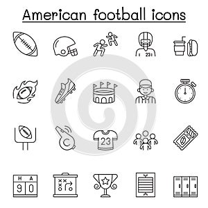 Set of American football Related Vector Line Icons. Contains such Icons as ball, whistle, player, shirt, trophy, helmet, touchdown