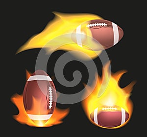 Set of american football or rugby balls flaming on a black background. Sport equipment with fire.