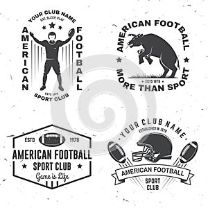 Set of american football or rugby club badge. Vector for shirt, logo, print, stamp, patch. Vintage design with bull