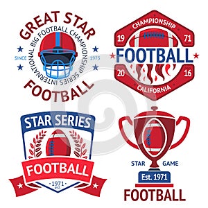 Set of american football rugby labels with ball, burning , helmet, winner bowl. Vector