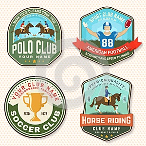 Set of american football, soccer, polo and horse riding club embroidery patch. Vector. Sticker design with soccer