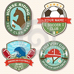 Set of american football, soccer, polo and horse riding club embroidery patch. Vector. Sticker design with soccer