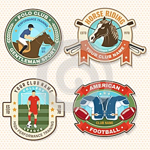 Set of american football, soccer, polo and horse riding club embroidery patch. Vector. Sticker design with soccer