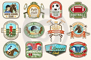 Set of american football, soccer, polo and horse riding club embroidery patch. Vector. Sticker design with soccer