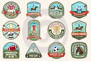 Set of american football, soccer, polo and horse riding club embroidery patch. Vector. Sticker design with soccer
