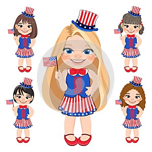 Set of American Girls Portrait Celebrating 4th Of July Independence Day with Costume, Holding Flags Vector