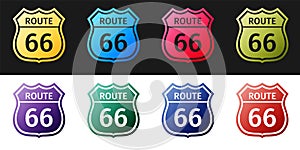 Set American road icon isolated on black and white background. Route sixty six road sign. Vector