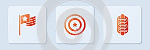 Set American star shield, flag and Hotdog sandwich. White square button. Vector