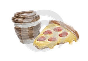 Set of American traditional breakfast includes coffee and slice of pepperoni cheese pizza in oil brush stroke