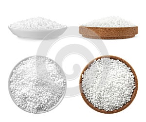 Set with ammonium nitrate pellets on white background. Mineral fertilizer