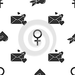 Set Amour with heart and arrow, Female gender symbol and Envelope with heart on seamless pattern. Vector