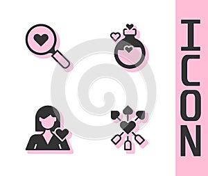 Set Amour with heart and arrow, Search love, Romantic girl and Bottle potion icon. Vector