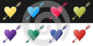Set Amour symbol with heart and arrow icon isolated on black and white background. Love sign. Valentines symbol. Vector