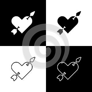 Set Amour symbol with heart and arrow icon isolated on black and white background. Love sign. Valentines symbol. Vector