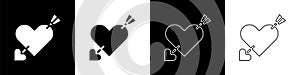 Set Amour symbol with heart and arrow icon isolated on black and white background. Love sign. Valentines symbol. Vector