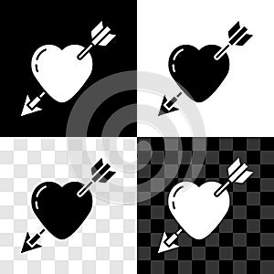 Set Amour symbol with heart and arrow icon isolated on black and white, transparent background. Love sign. Valentines