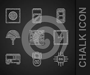 Set Ampere meter, multimeter, voltmeter, Electrical outlet, Processor with microcircuits CPU, Lightning bolt, measuring